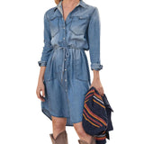 Purpdrank  Spring Dresses For Women Long Sleeve Lapel Button Dresses With Pockets Denim Lapel Jeans Turn-Down Collar Knee Length Dress Robe