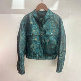 Purpdrank  Vintage Casual Glitter Green Round Collar Jacket Women Long Sleeve Zipper Pocket Loose Coat 2025 Autumn Fashion High Street Coat