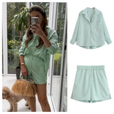 Purpdrank  autumn new women's clothing fashion temperament slim fit commuting versatile striped printed shirt top shorts set