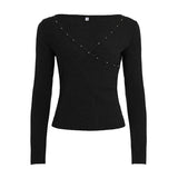 Purpdrank  American Retro V Neck Long Sleeve Slim All Match Solid Y2k Sexy Embroidered Flares T-Shirts