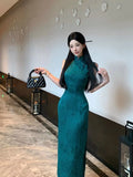Purpdrank  Vintage Peacock Blue Green Sleeveless Dress Qipao New Chinese Style Printed Long Elegant Floral Print Cheongsam Slim Morden