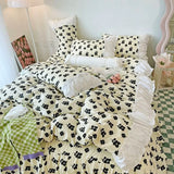 Purpdrank  Korean Ins Rose Pastoral Lace Quilt Cover Washed Cotton Princess Bedding Sets Bed Skirt Ruffles Pillowcase Woman Duvet Cover