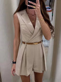 Purpdrank  Elegant Lady Turn-Down Collar Blazer Jumpsuit Summer Casual Solid Waist Shorts Romper Slim Playsuits Fashion Women's Jumpsuit