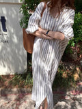 Purpdrank  Chic Stripy Loose Maxi Shirt for Women Koran Style Holiday Lapel Design Oversized Blouse Long Sleeved Summer Clothing