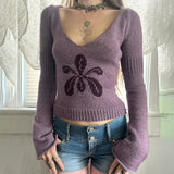 Purpdrank  Autumn Korean Casual All Match V Neck Long Sleeve Slim Flower Jacquard Knitted Pullover