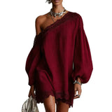 Purpdrank  Casual Loose Long Sleeve Mini Dress Women Summer Fashion One Shoulder Pink Lace Short Dresses Elegant