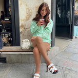 Purpdrank  autumn new women's clothing fashion temperament slim fit commuting versatile striped printed shirt top shorts set