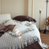 Purpdrank  Vintage French Large Ruffles Embroidery Wide Edge 100% Cotton Bedding Set Duvet Cover Flat/Fitted Bed Sheet Pillowcases 4Pcs