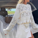 Purpdrank  White Crochet Hollow Knit Sweater round Neck Long Sleeve European American Style Fashion Top with Short Ruffle Hem