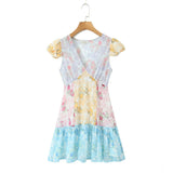 Purpdrank  Retro French style Contrast Color Flower Print V neck Mini Dress Sexy Short Flying Sleeve Ruffles Hem Slim Waist Robe