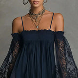 Purpdrank  Bohemian Solid Lace Trim Off Shoulder Party Dresses Woman Long Puff Sleeve Flowy Mini Dress Spring Summer Backless Holiday Dress