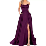 Purpdrank  women's Satin Prom Dresses Spaghetti Straps Backless Long Dress with High Slit Mermaid Formal Party Gown with Pocket Vestido