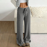 Purpdrank  Women's Fashion Casual Striped Elastic Waistband Drawstring Straight Leg Pants Classic Soft Daily Versatile Comfy Trousers