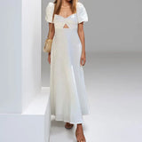 Purpdrank  Summer Fashion Womens White Long Dresses Elegant Short Sleeve V-Neck Hollow Out Dresses High Waisted Casual Dress