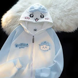 Purpdrank  Japanese Kawaii Rabbit Ears Hoodie Sweatshirts Spring Autumn Lazy Sweet White Blue Cardigan Long Sleeve Loose Knitted Top