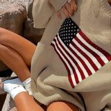 Purpdrank  Retro American Style Streetwear Star Flag Pattern Loose Fit Crewneck Pullover Knit Sweater Women's Top