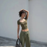 Purpdrank  Y2K Sexy V Neck Crop Top Women Low Cut Skinny Button Up Cropped T Shirts Summer Fashion Streetwear Solid Short Sleeve Tees