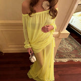Purpdrank  Lace Up Ribbon Ruched See Through Mesh Vacation Beach Maxi Dress Women Sexy Slash Neck Off Shoulder Full Sleeve Party Clubwear