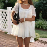 Purpdrank  Casual Loose White Mini Dress Women Summer Short Sleeve O-neck Lace Short Dresses Elegant