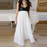 Purpdrank  Fashion Off Shoulder Hollow Guest Dress Leather Patchwork Pleated Evening Dress Sexy Lady V-neck Sleeveless Suspender Long Dress