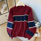 Purpdrank  High Quality Striped Knitted Sweater Women Fall Winter Korean Loose O Round-neck Jumpers Retro Long Sleeves Streetwear Tops New