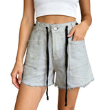 Purpdrank  Women's Blush Denim Shorts High Waist Frayed Hem Drawstring Casual Summer Jean Shorts American Retro Wide Leg A Line Hot Pants