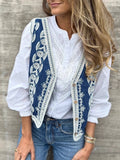 Purpdrank  Vintage Flower Embroidered Vest Coats Women's Sexy V-neck Loose Holiday Cardigan Elegant Sleeveless Single breasted Denim Jacket