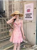 Purpdrank  Casual Light Pink Printed Sleeveless Dress Beach Fashion Y2K Vintage Chic Summer French Retro Elegant Chiffon Midi Dress Women