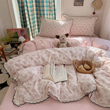 Purpdrank   Korean Pure Cotton Floral Bedding Set Luxury Skin-Friendly Quilt Cover Kit with Fitted Sheet Four Seasons Soft Lace Bedclothes