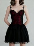 Purpdrank  Gothic Black Bow Spaghetti Strap Dress Women Fashion Ruched V Neck Sleeveless Mesh Patchwork A Line Mini Dress Clubwear