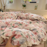 Purpdrank  INS Korean Style2025 New Yungan Cotton Wrinkled Double-layer Yarn Lace Bedding Sets