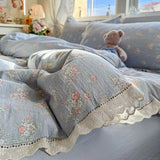 Purpdrank  Korean Style Girly Heart Floral Double Layer Gauze Four-Piece Set Princess Style Lace Trim Quilt Cover Bed Sheet Dormitory