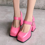 Purpdrank - Pink Black Red Heeled Women Pumps Mary Janes Shoes Square Toe White High Heels Female Working Party Dance Shoes 2023 Spring