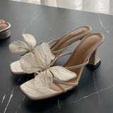 Purpdrank  Designer Butterfly-knot Women Slippers Elegant Thick High Heel Shoes Ladies Outdoor Dress Street Style Slides