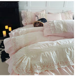 Purpdrank  Pink Luxury Princess Wedding Lace Ruffles 100% Cotton Bedding Set Duvet Cover Bed Sheet/Bed Skirt/Fitted Sheet Pillowcases 4Pcs