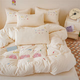 Purpdrank  Pink Bedding Sets Solid Color Washed Cotton Home Girls Bedroom Decor Duvet Cover Pillowcase Bedspread Embroidery Four Piece Set