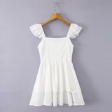 Purpdrank  Sexy White Embroidery Lace Pad Bra Corset style Wood ears Strap Mini Tank Dress Women 2 Layers Ruffles Swing Dresses Vestdios