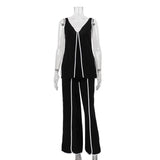 Purpdrank  Casual Loose Splicing Outfits Tracksuit Fashion Two Piece Set for Women Elegant Sleeveless V Neck Vest Top Wide Leg Pants Set