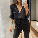 Purpdrank  Jumpsuit Women Sexy V Neck Sequins Long Sleeve Casual Belt Overalls Female High Waist Playsuit Elegant Ladies Party Club Romper