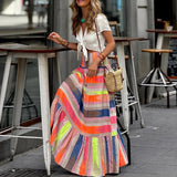 Purpdrank   Spring Summer Vacation Loose Long Skirt Elastic High Waist Hem Bohemian Women's Skirt Vintage Pattern Printed Pleated Half Skirt