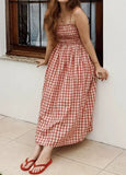 Purpdrank   Summer New Women Gingham Plaid Spaghetti Strap Maxi Dress Smocked Elastic Waist A-Line Flowy Dress Casual Vacation Beach Dress