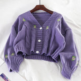Purpdrank  Women Knitted Cute Fashion Loose Sweater Spring Autumn V-Neck Lantern Sleeve Embroidery Floral Harajuku Female Cardigan
