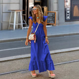 Purpdrank  Casual Loose Summer Vacation V-neck Short Sleeve Dress High Waist Long Skirt Women's Fashionable New Style Polyester Fabric
