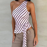 Purpdrank  Women's Sleeveless Top T-Shirt Blouse Ruffled Summer Asymmetrical Shoulder Fashion Bandeau Outerwear Irregular Sexy Striped