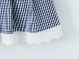 Purpdrank  Sexy Blue Plaid Lapel V neck Short Puff Sleeve Shirt Tank Top + Women Bow Zipper Waist A-line Pleated Mini Skirt 2 Pieces 1 Set