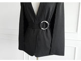 Purpdrank - Women 2023 Spring New Temperament V Neck Striped Thin Cape Blazer Jacket Suit Slim Fit Trousers Office Lady Two Piece Suit