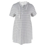 Purpdrank  Vintage Black White Striped Print T-shirt Mini Dress Women Knit Ribbed Short Sleeve Hooded V-neck Casual Summer Dress Streetwear