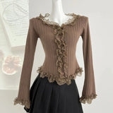 Purpdrank  Women's Ruffled Sweater Long Sleeve Slim Fit Rib Knit Top Pullover Jumper Ladies Fairycore Coquette Y2K Gyaru Shoujo Girl Outfit