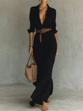 Purpdrank  Women's Vintage Belted High Waisted Party Evening Maxi Dresses New Long Sleeves Urban Elegant Lapel Shirt Dress
