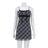 Purpdrank  French style Summer New style Women's Short skirt Sweet Fresh Plaid Suspenders Sexy Lace Mesh Patchwork A-line Dresses